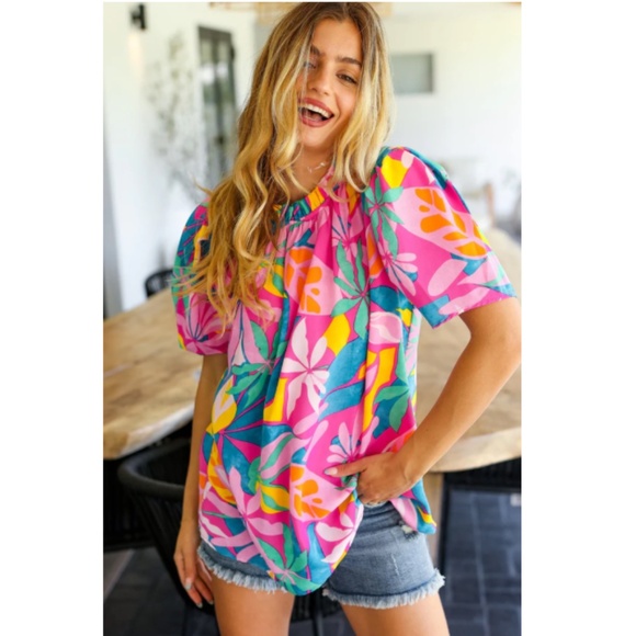 kelzposh Tops - "The Shay" Pink Tropical Print Mock Neck Top
